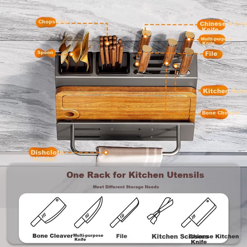 Huxiansen Kitchen Knife Holder, Multi-Functional Wall-Mounted Storage Rack for Knives, Cutting Boards, Chopsticks And Utensils 3