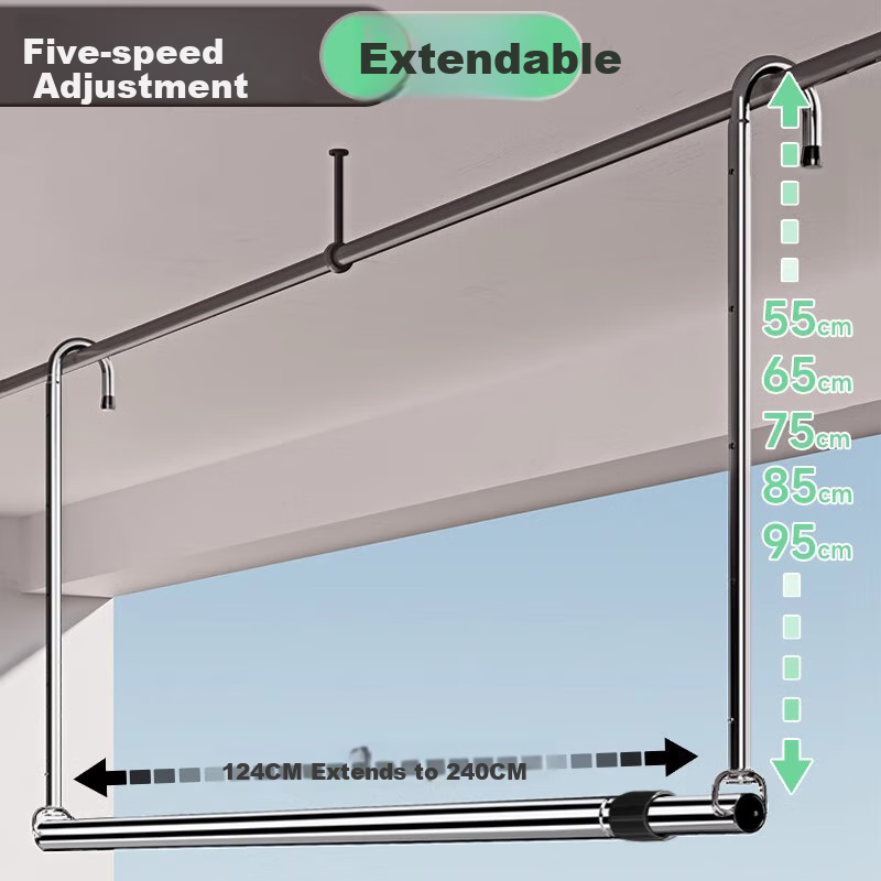 Baoyouni Retractable Clothes Drying Rack, Extendable Laundry Hanger for Balcony, No Drilling Required, Adjustable Height, Stainless Steel Drying Rack for Quilts And Clothes, Hanging Device