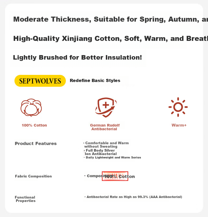 SEPTWOLVES [Antibacterial] Thermal Underwear for Men, Autumn And Winter Pure Cotton Undershirt And Pants Set, All-Cotton Base Layer Top And Bottom 1