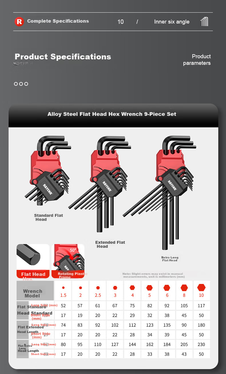 Ruineng Hex Key Set with Ball-End And Flat-Head Wrenches [Extended And Flat Dual-Use] 9-Piece Set 16