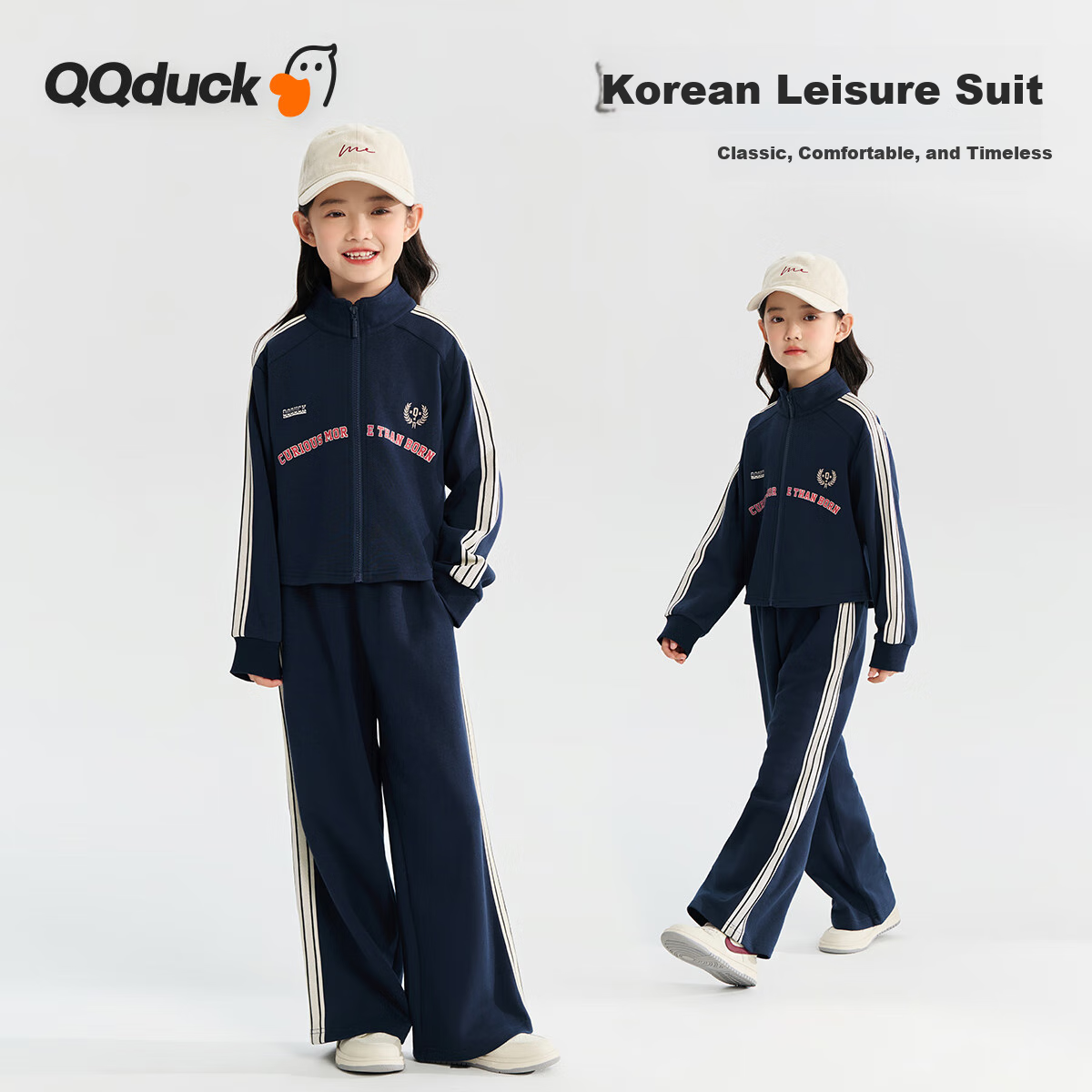 QQ DUCK Children's Clothing Set, Girls' Two-Piece Outfit for Fall 2026, Jacket And Pants, Student Korean-Style Sportswear, Blue; Size 160