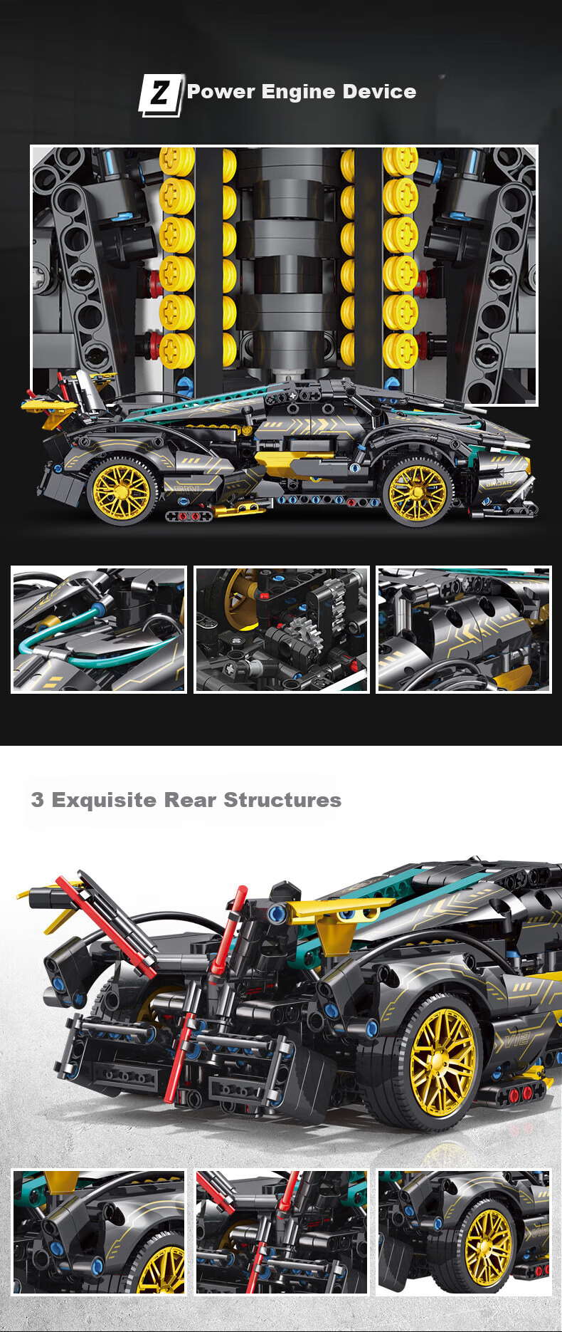 Gaozhile High-Difficulty Assembly Building Blocks, Children's Toy, Birthday Gift for Boys And Girls, Lamborghini Black Knight, Ages 6-12 4