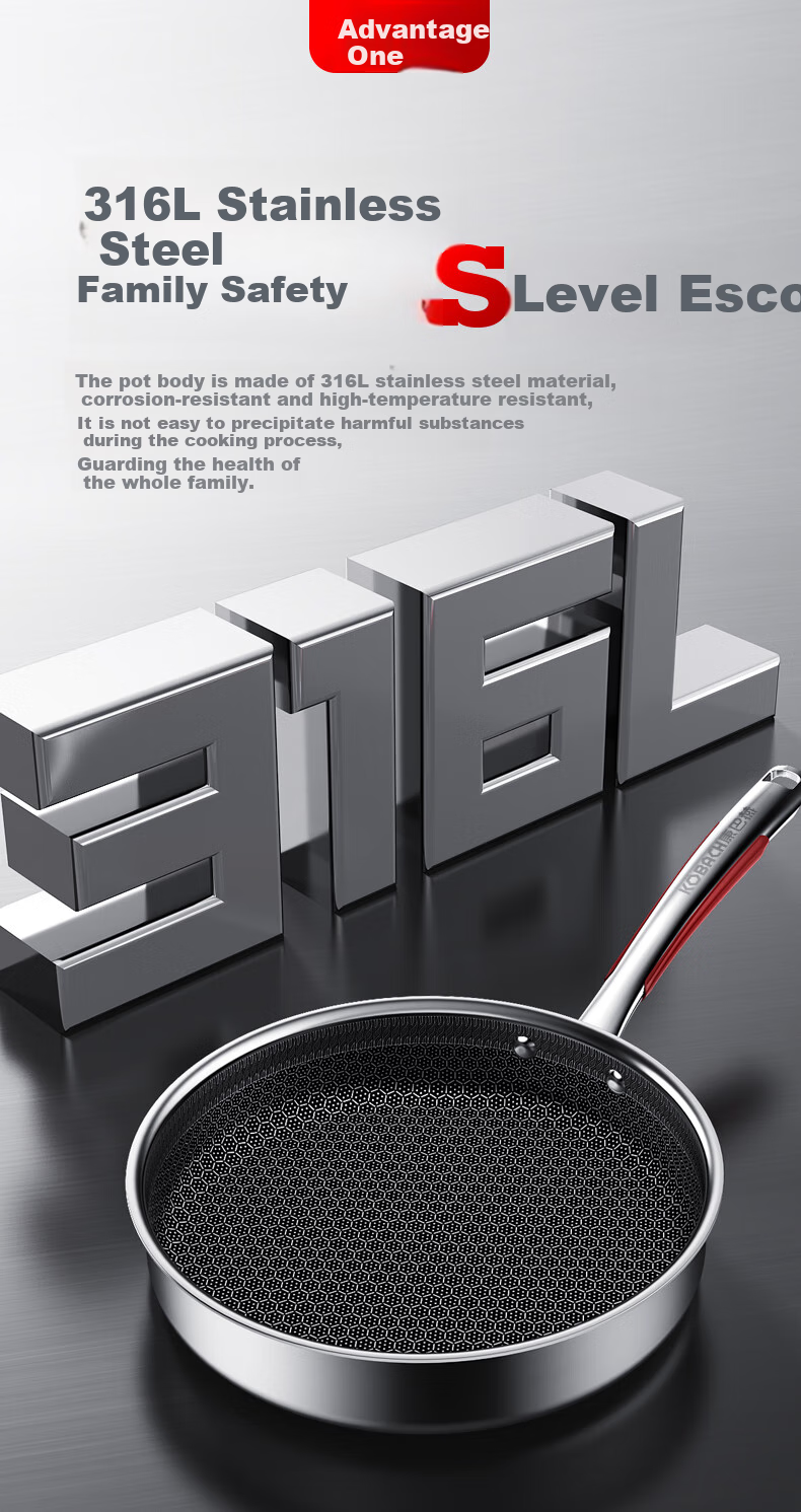 KBH Flagship S Model 316L Stainless Steel Flat Bottom Pan Honeycomb Non-Stick Pan for Home Use, Steak Frying, Pancake Cooking, Egg Frying, Compatible with Induction Cooker 5