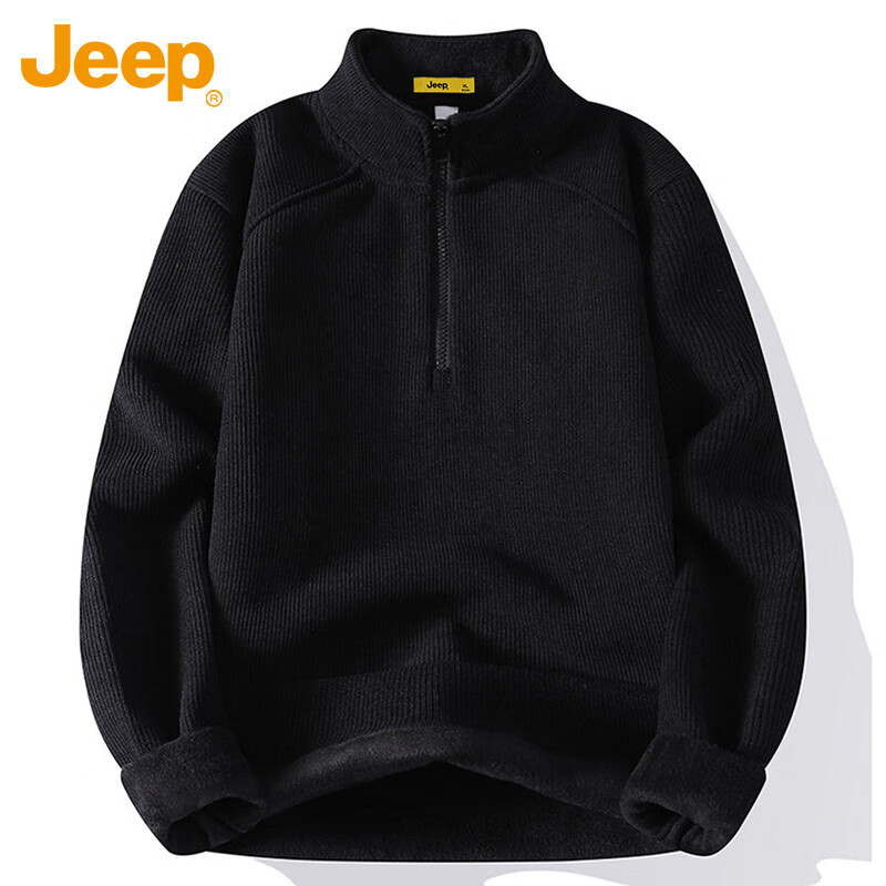 JEEP Men's Autumn Winter Fleece Lined Thickened Warm Zipper Casual Loose Sweatshirt Black Fleece Lined M