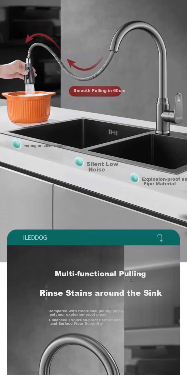 ILeddog [Germany] Kitchen Faucet, Thickened Stainless Steel, Pull-Out And Extendable, Sink Sprayer, Anti-Splash Hot And Cold Tap CPCL 3