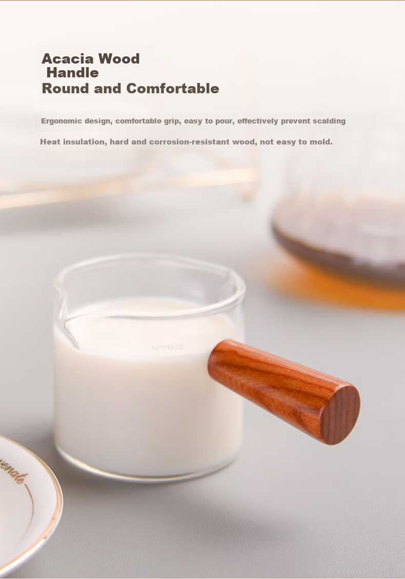 CLITON Japanese Style Wooden Handle Glass Milk Jug Heat-Resistant Measuring Cup Latte Art Cup with Scale Single Spout Milk Pitcher 75ml 6
