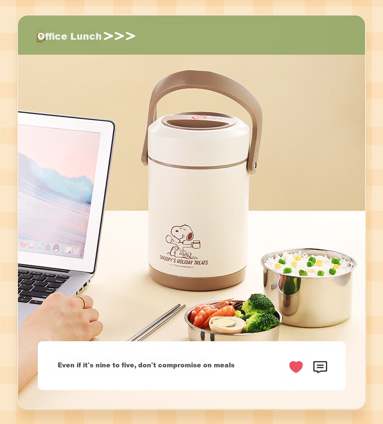 SNOOPY Insulated Lunch Box with Handle, 2L Large Capacity, for Office Workers And Students, Multi-Layer Portable Stainless Steel Thermos (With Thermal Bag) 14