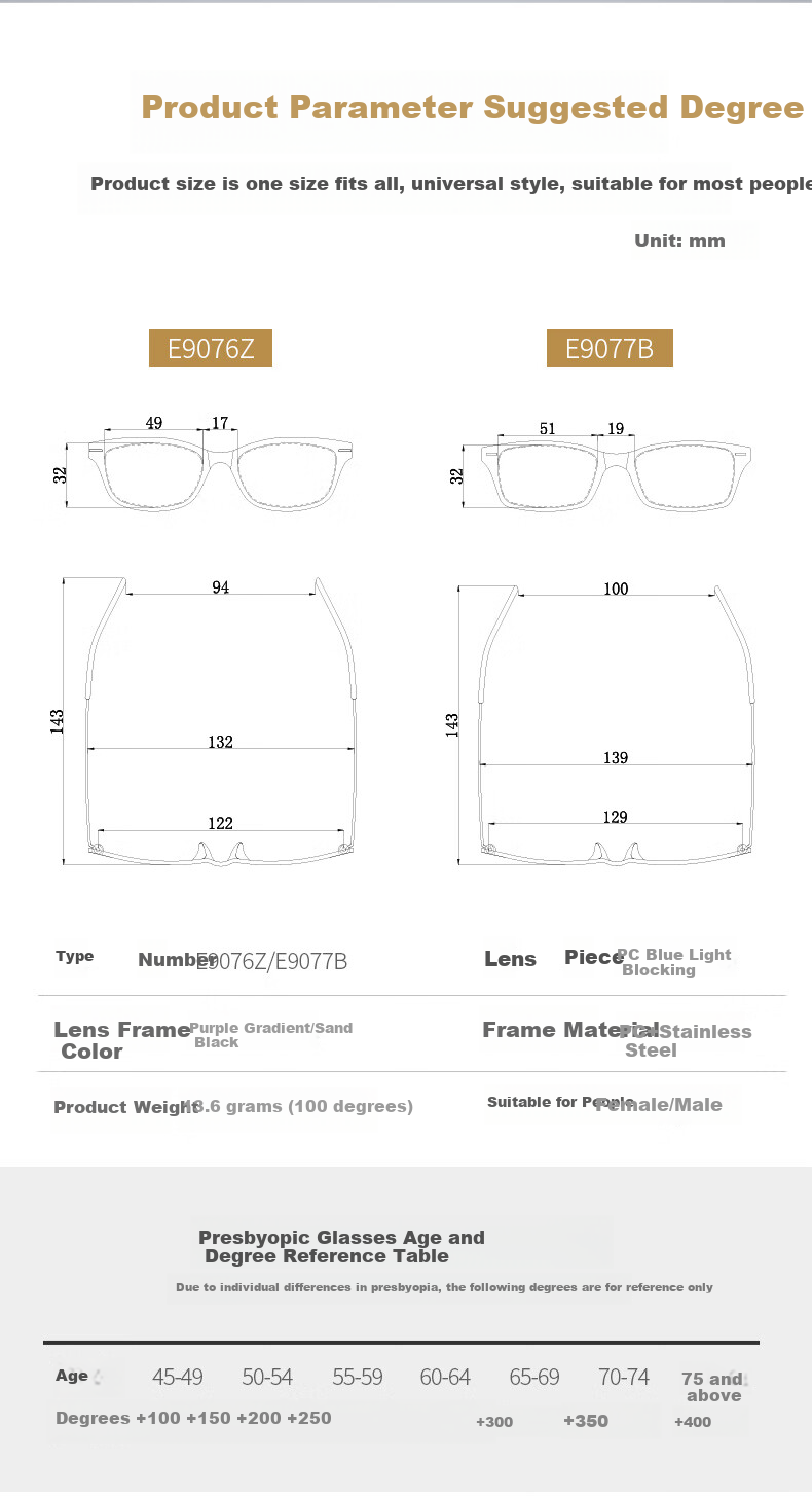 Xiyanghong Reading Glasses for Men And Women, Anti-Blue Light, Fashionable, Ultra-Light, High Definition, Brand Lightweight Presbyopic Glasses E9076Z 250 Degrees 8
