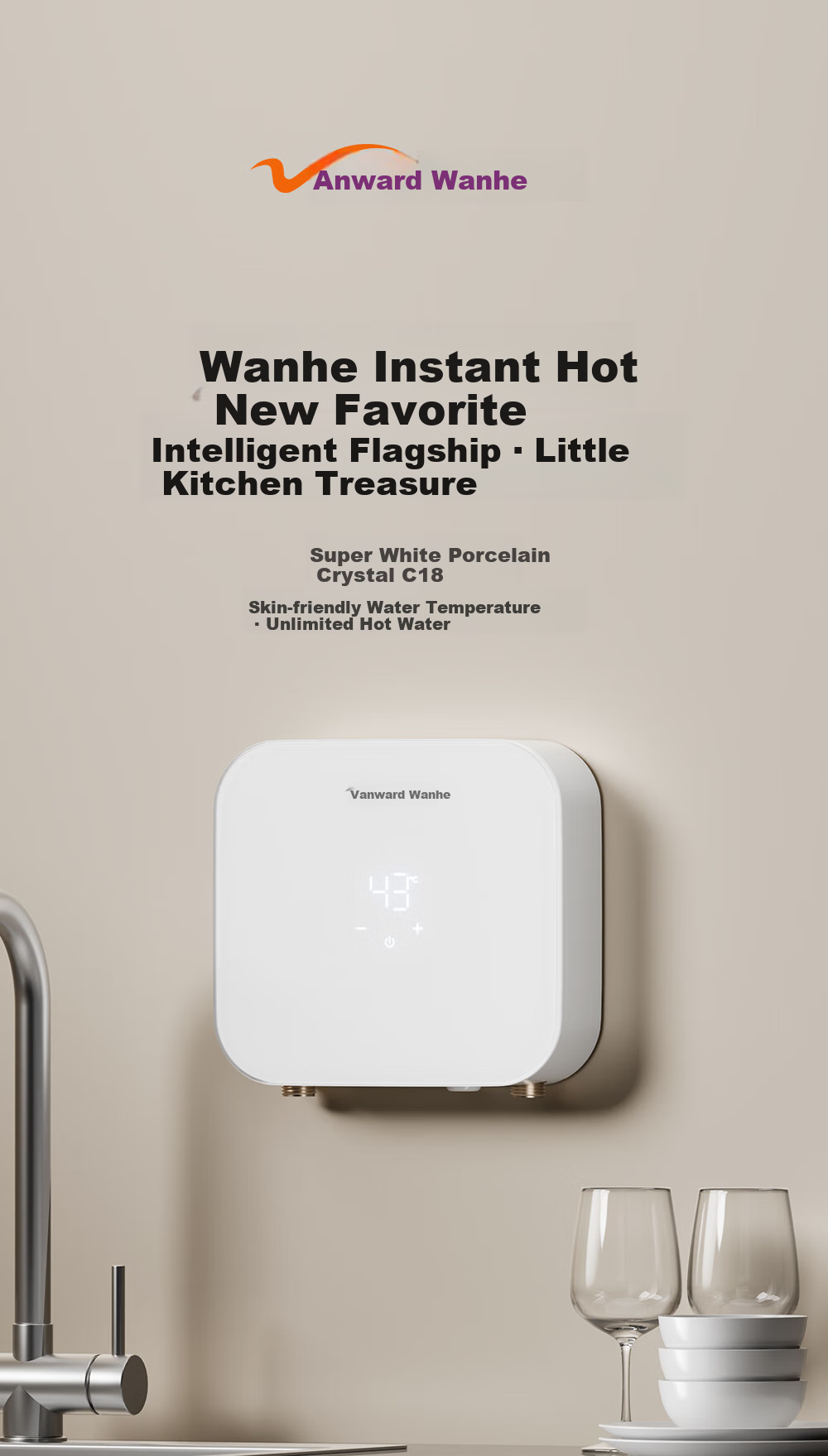 Vanward Instant Hot Water Dispenser, Compact Under-Counter Mini Water Heater, No Drilling Or Storage Required, Electric Heating, Constant Temperature, Variable Frequency, Rapid Heating, Suitable for Rental Apartments And Dormitories 1