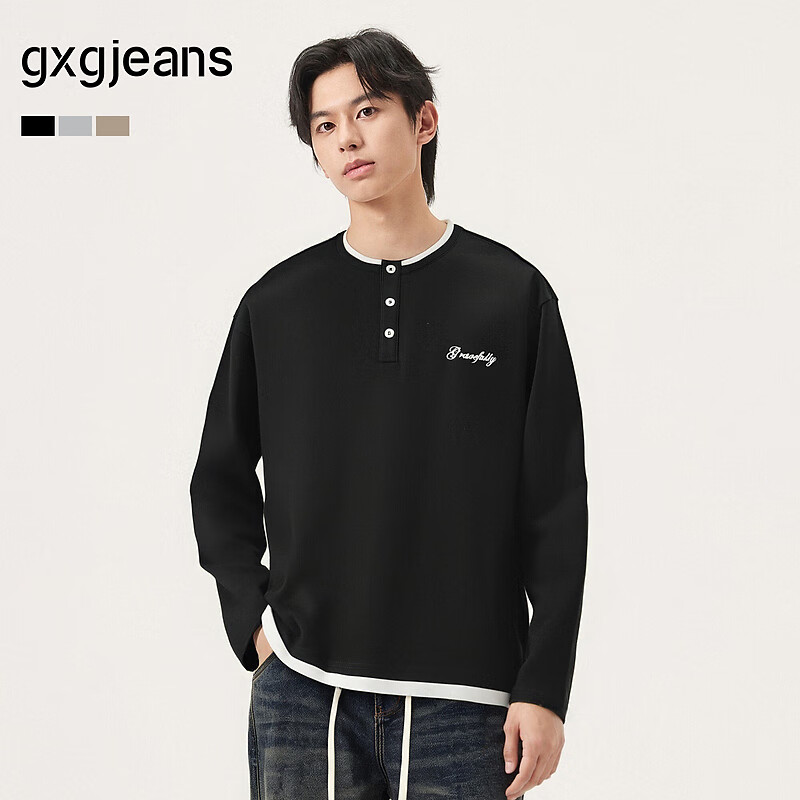Gxgjeans Men's Layered Letter Embroidered Loose Half-Zip Sweatshirt 25 Autumn New Black 170/M