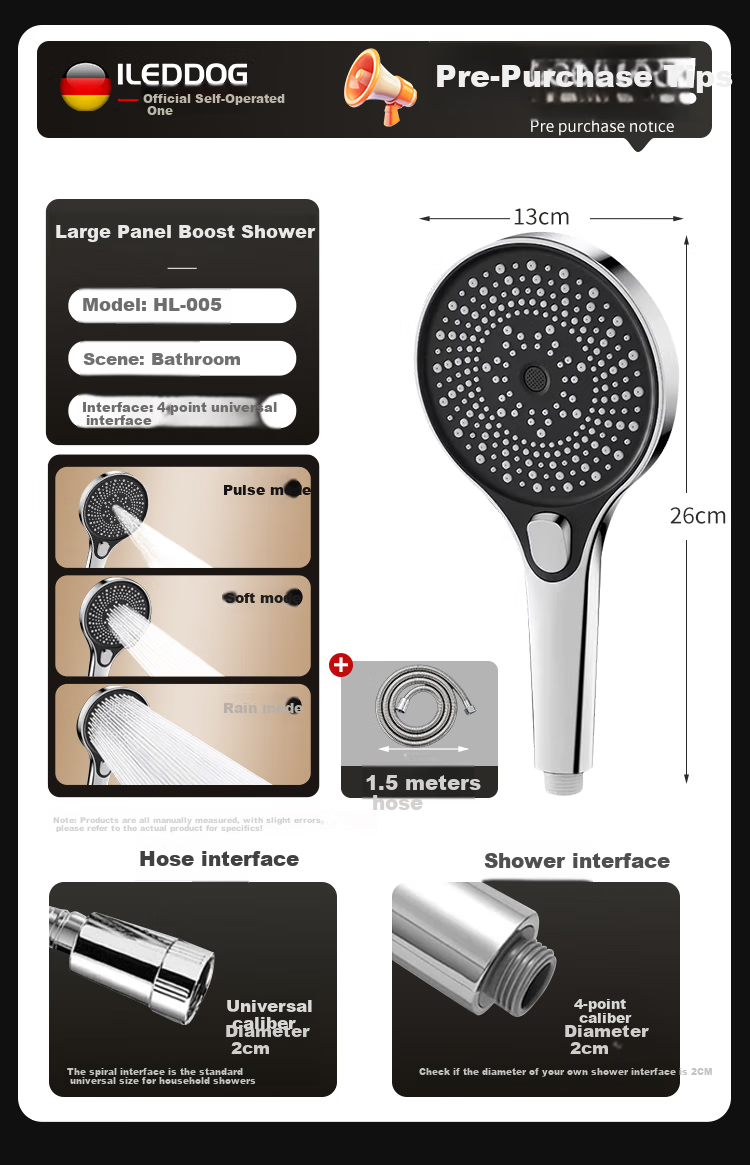 ILeddog [Germany], Pressurized Shower Head, Bathroom Bathing, Multifunctional Handheld Shower Head Set, HL-005 1