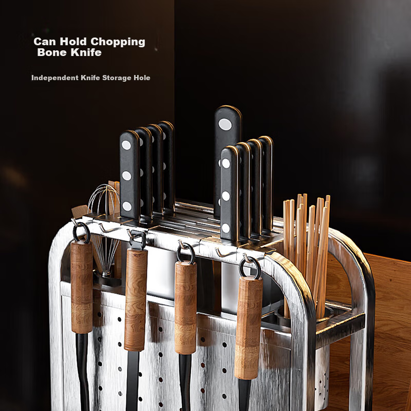 JD Original Silver Knight Knife Holder, Multi-Functional Cutting Board Rack, Knife Storage Rack with Pot Lid And Chopstick Holder [304 Stainless Steel]