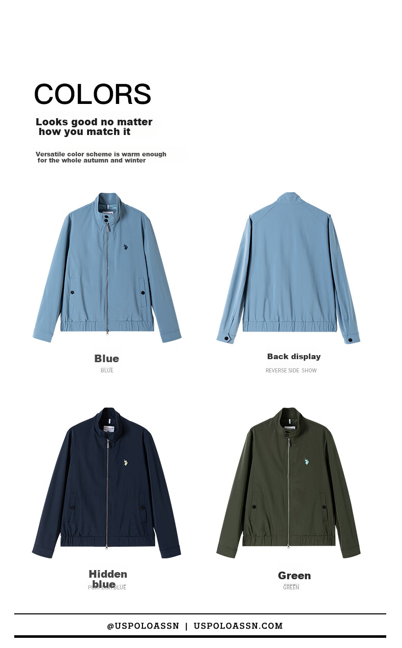 U.S. POLO ASSN. Mall-Matching Jacket for Men, Business Casual Stand-Collar Coat, Middle-Aged Men's Outerwear, Blue, 3XL 10