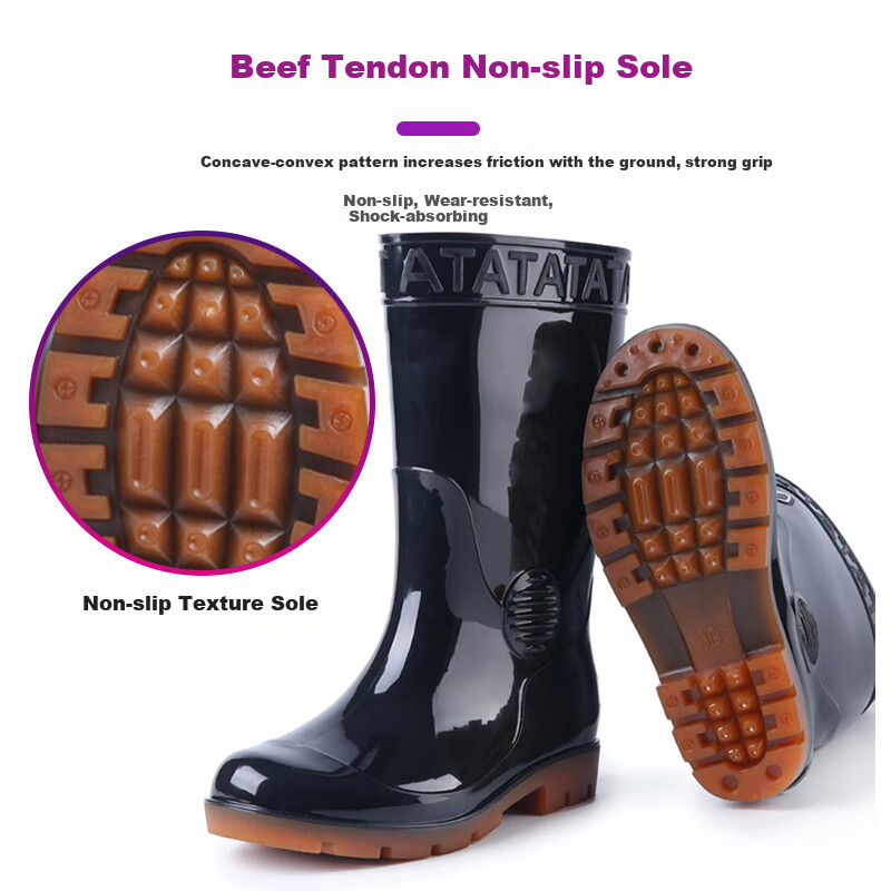Pinzhide Thick Mid-High Rain Boots, Durable Water Boots for Rainy Days, Non-Slip, Waterproof Rubber Shoes, Acid And Alkali Resistant, Black Mid-High Boots, Size 38