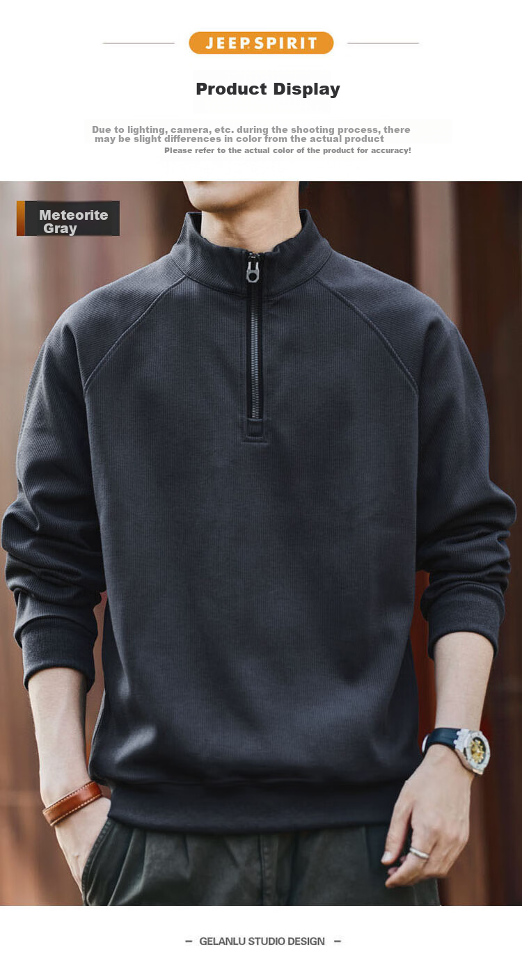 JEEP SPIRIT Half-Zip Stand Collar Sweatshirt for Men, Autumn And Winter Trendy Loose-Fit Men's Top, Meteorite Gray, 3XL 5