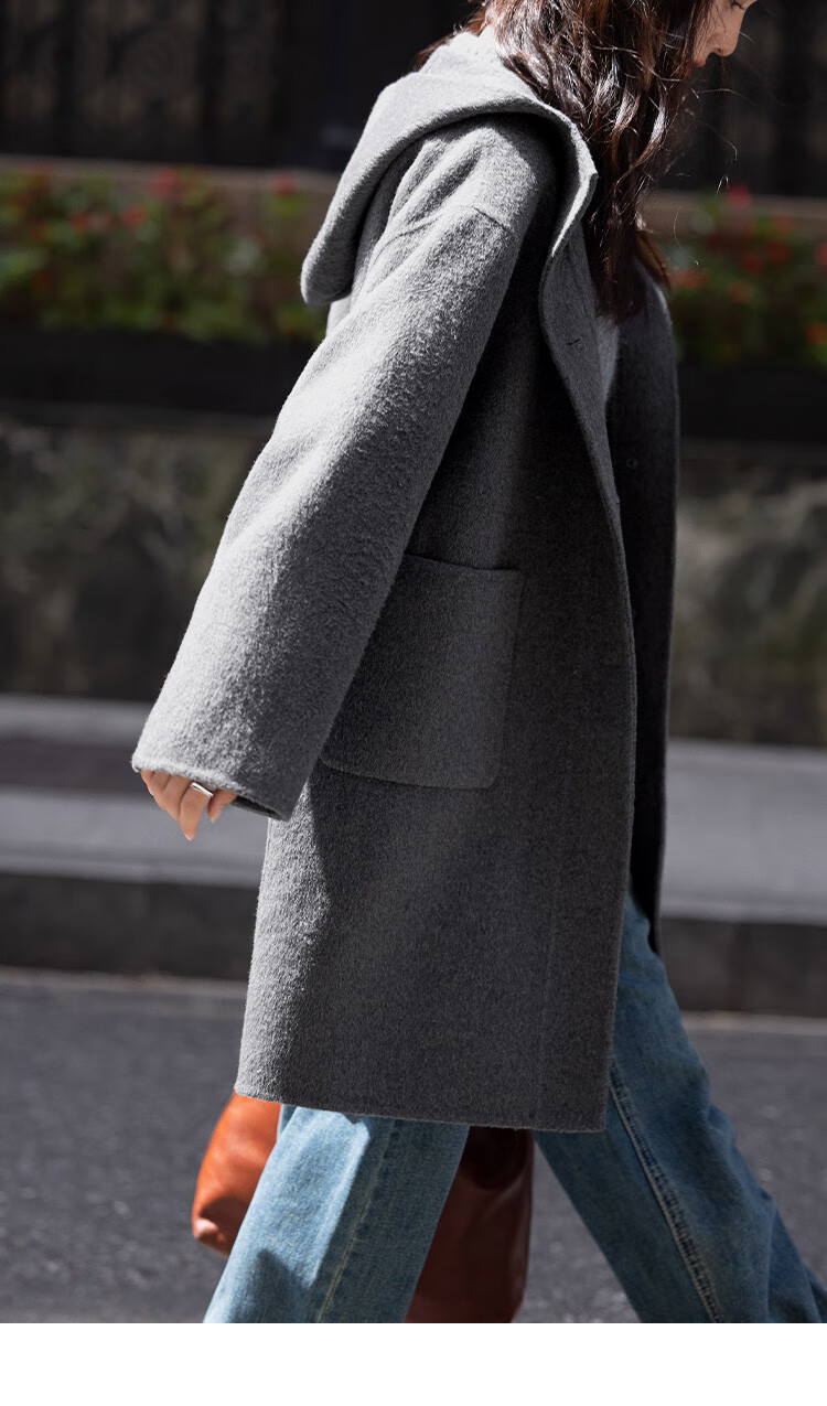 Demana College Style Winter Hooded Long Sleeve Mid-Length Wool Coat with Front Pockets and Open Placket 7