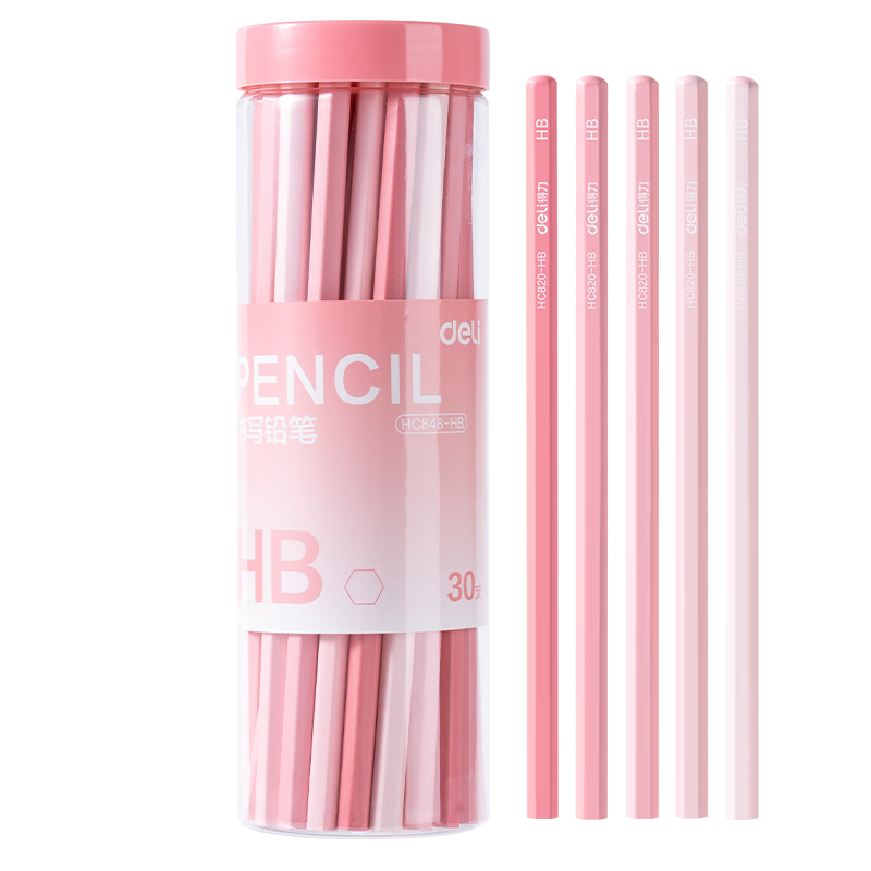 Deli HB Hexagonal Student 5-Color Gradient Wooden Writing Pencils Sketch Exam Drawing Pens Children's Handwriting Pencils Pink (30 pcs/Tube) Back-to-School Stationery
