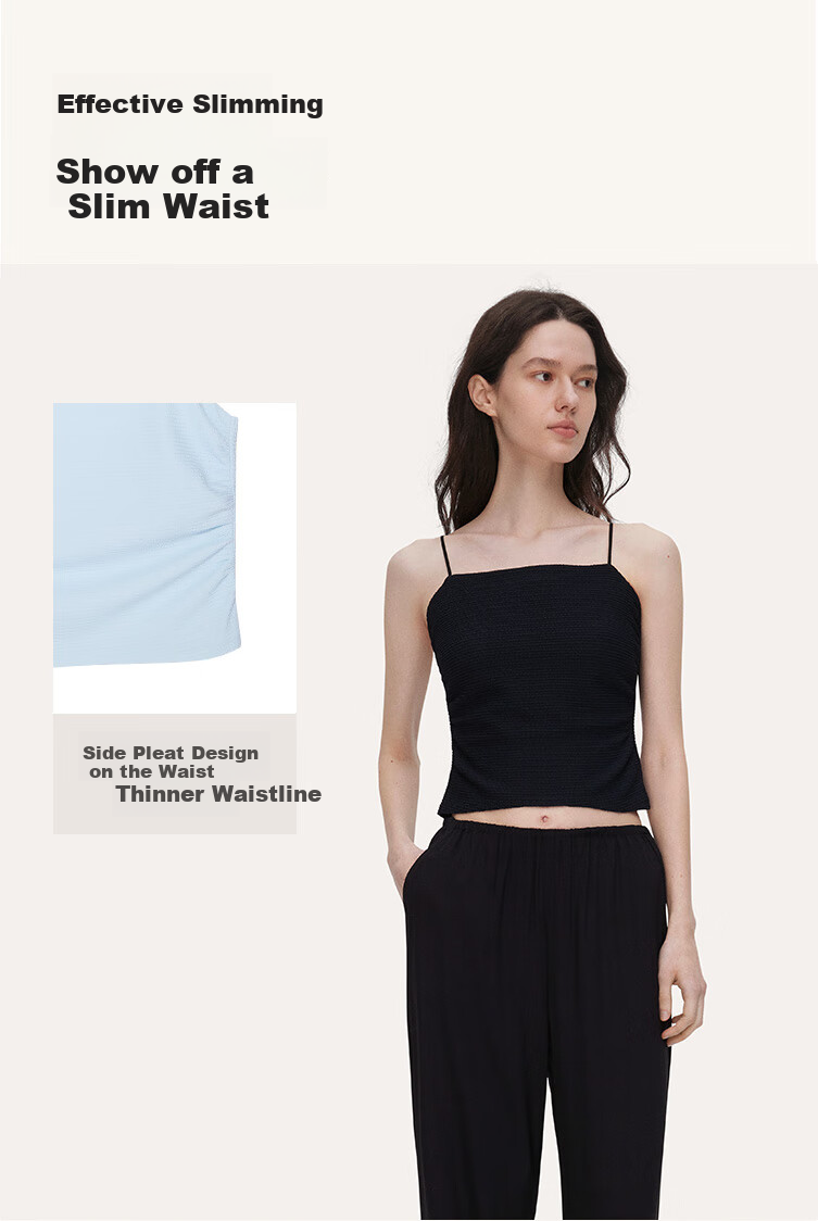 Ubras Liu Wen Style Sweet Girl Ruched Camisole Tank Top for Women, Inner Wear, Beautiful Back Top, Outer Wear, Ripple Blue, Size L 6