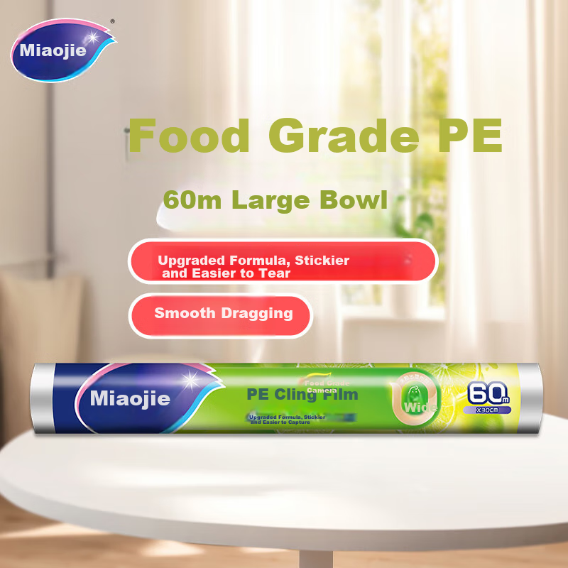 MIAOJIE Disposable Cling Film, Upgraded Adhesion for Better Hygiene And Easy Peeling, Large Economy Pack 60m*30cm, Non-Punctured Type