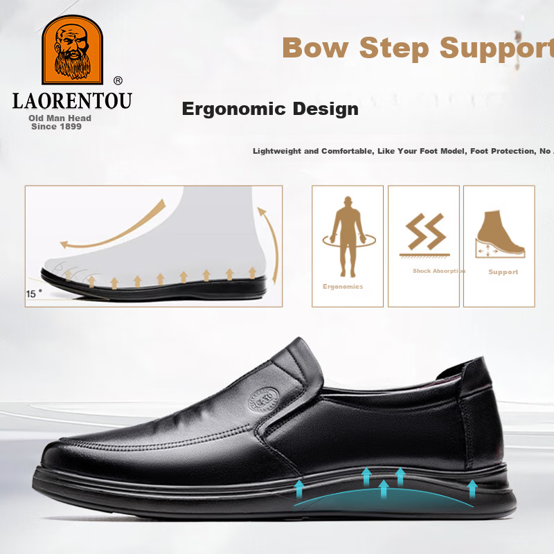 LAORENTOU Men's Genuine Leather Casual Shoes, Top-Grain Cowhide, Breathable Soft Sole, Non-Slip Dad Shoes, TLA212, Black, Size 43