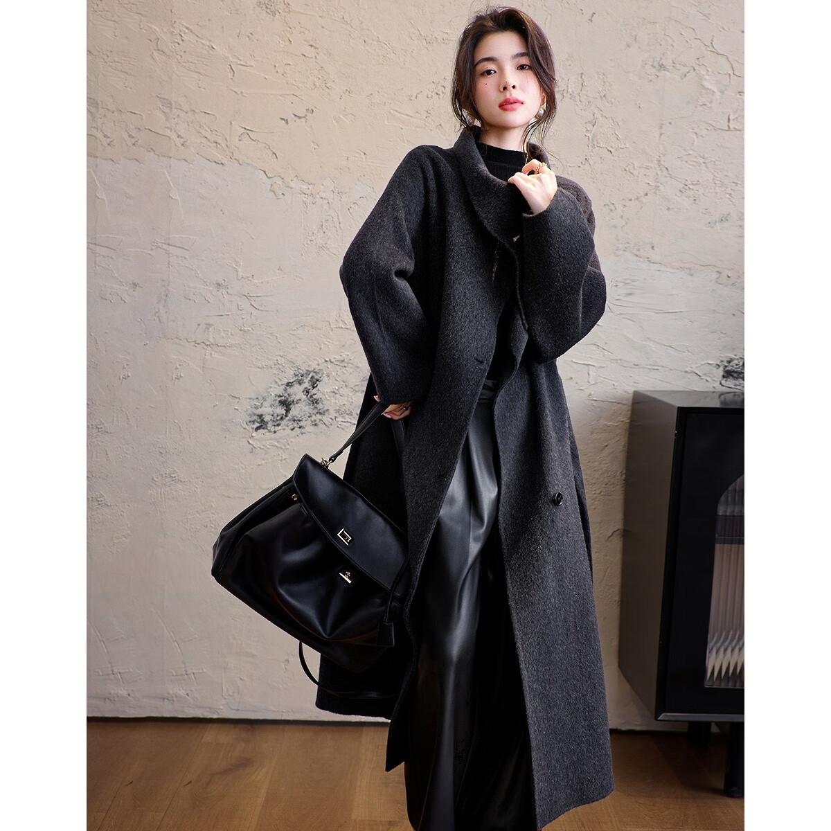 Demana [Silent Luxury Core] Winter Asymmetric Lapel Shearling Double-Faced Wool Long Women's Wool Coat