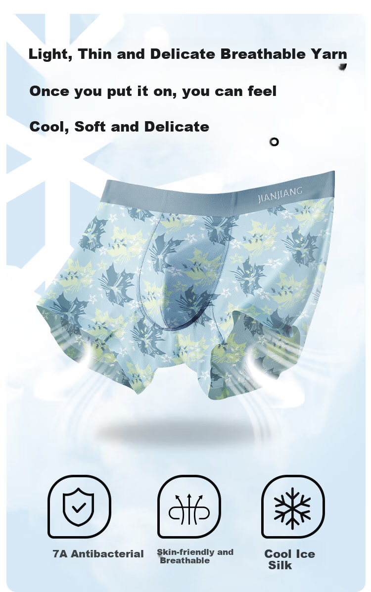 Jianjiang Men's Underwear, Ice Silk Boxer Briefs, 7A Antibacterial Seamless Trendy Printed Trunks, Breathable Mesh Sexy, 3 Pairs 4