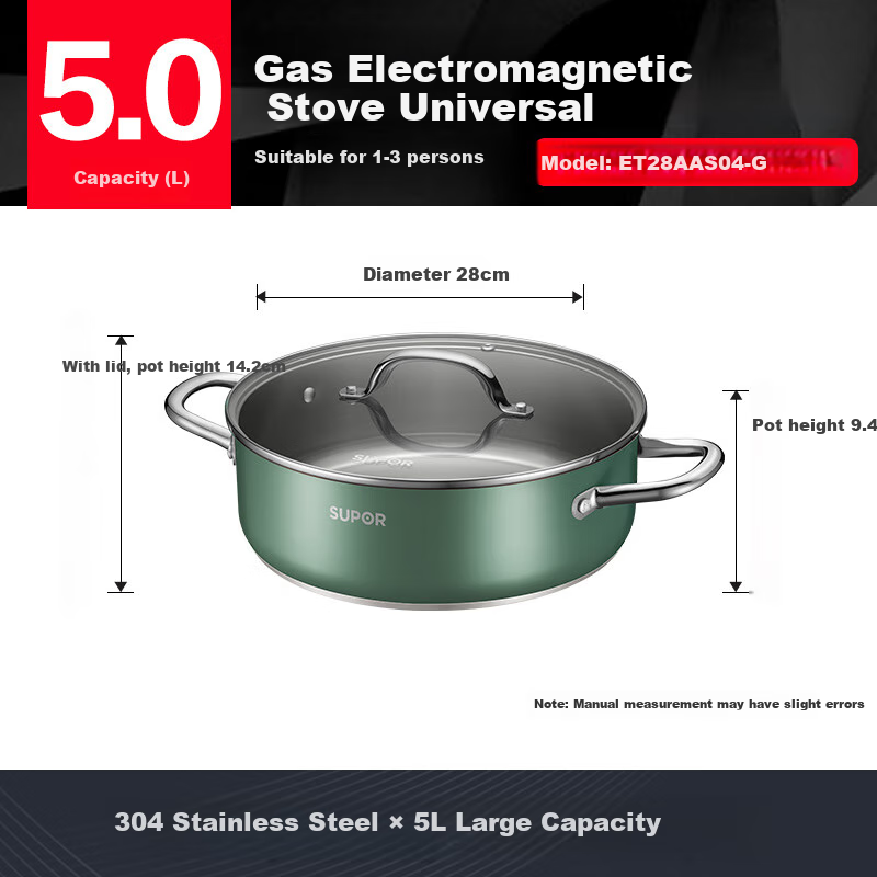 SUPOR 304 Stainless Steel Hot Pot for Home Use with Composite Bottom, Gas And Induction Compatible Soup Pot, 28cm Green ET28AAS04-G