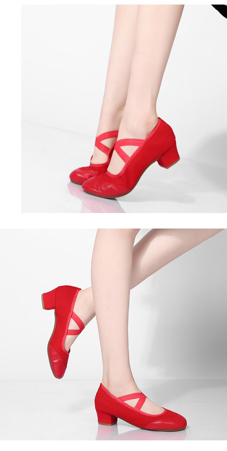Teslita Red Dance Shoes Women Soft Sole Middle-Aged and Elderly Adult Mid-Heel Square Dance Canvas Shoes Black 8