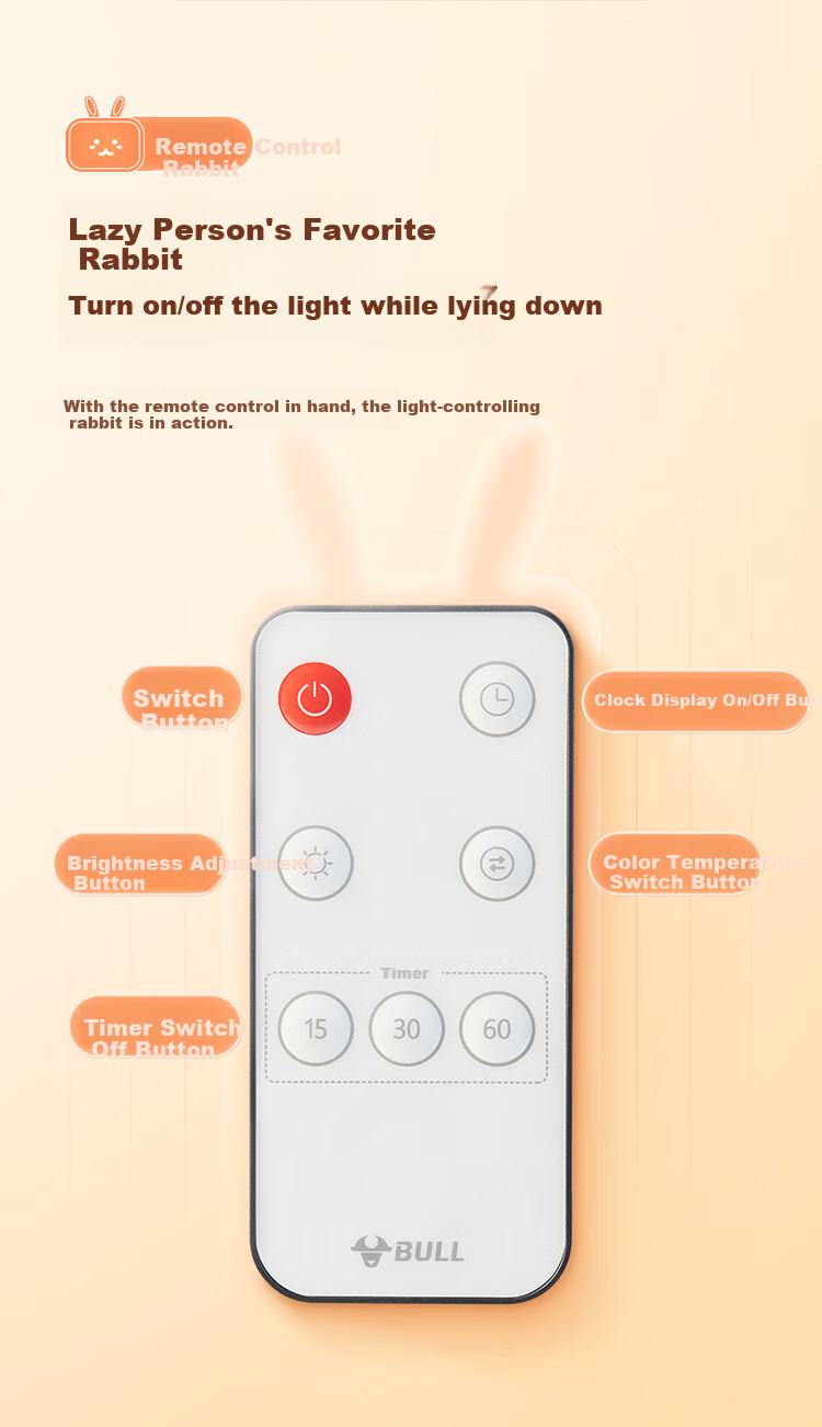BULL Cute Rabbit Night Light, Ambient Light, Three-Level Color Adjustment, Stepless Dimming, Timer, Wireless Remote Control, 500mAh Battery-Powered Clock Model 7