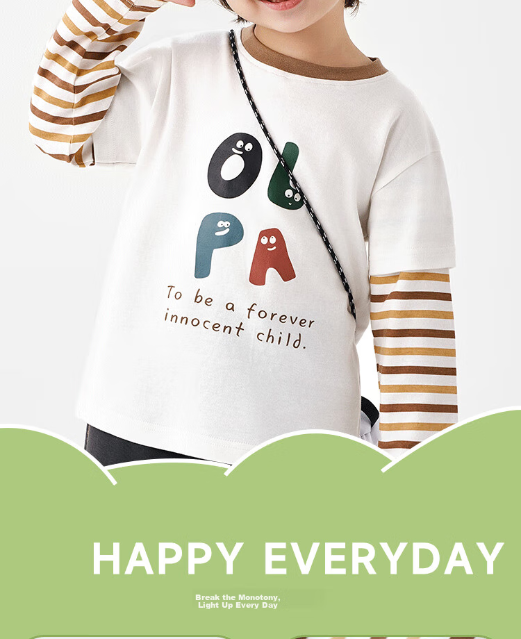 Badibadi Spring And Autumn Pure Cotton Long-Sleeve T-Shirt for Infants And Children, Faux Two-Piece Versatile Base Layer, White with Fun Letter Design, Size 100 2
