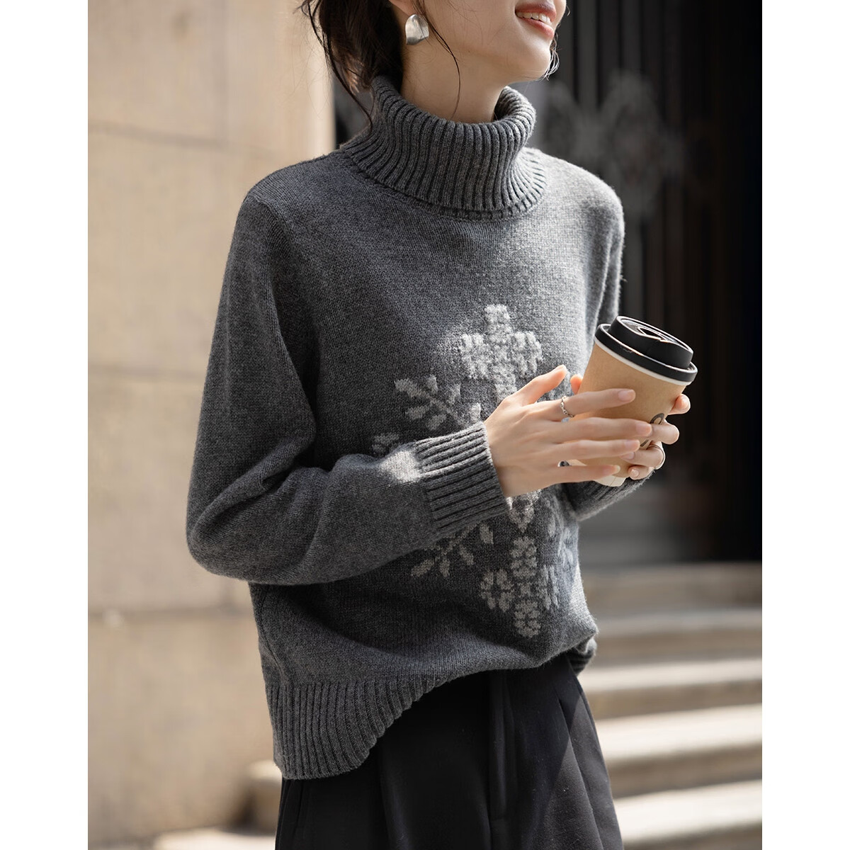 Demana Snowflake Secret Winter Turtleneck Colorblock Jacquard Loose Drop Shoulder Knit Sweater for Women