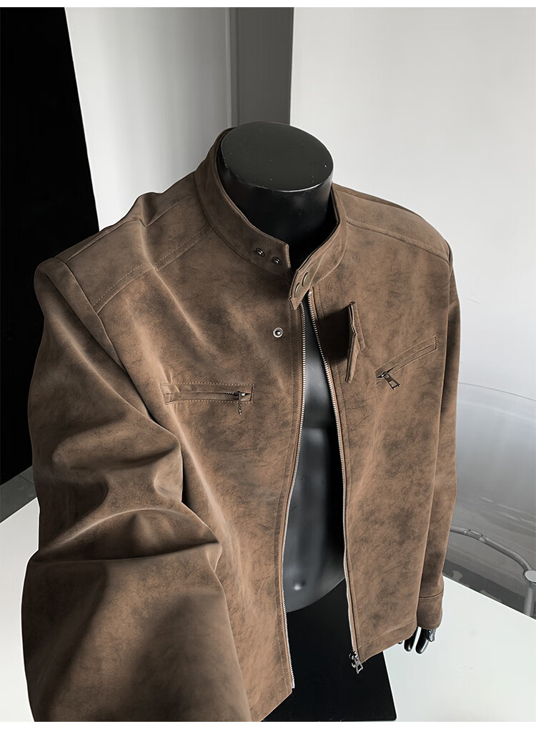 IZEXX Men's American Style Tie-Dye Jacket Autumn Winter Stand Collar Trendy Shoulder Motorcycle Leather Jacket ZGJ58 Black XL 14