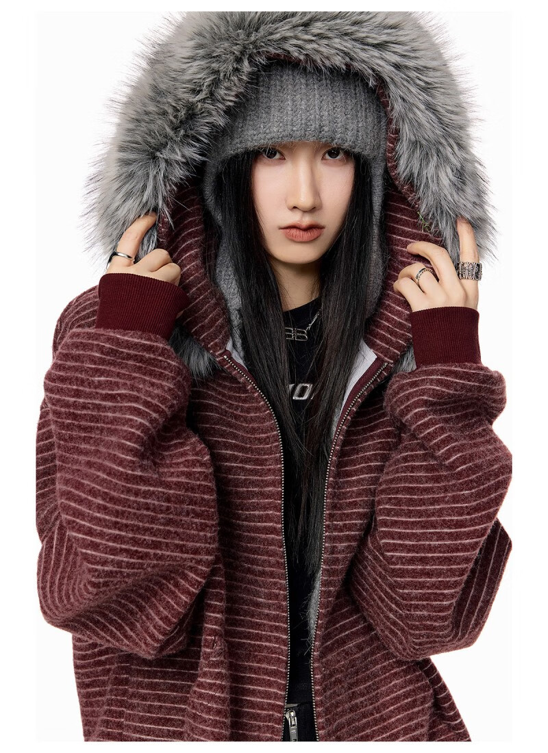 ICH MODE Women's American Style Hooded Striped Jacket with Fur Collar Autumn Winter New Zip-up Sweatshirt Cardigan Black M 17
