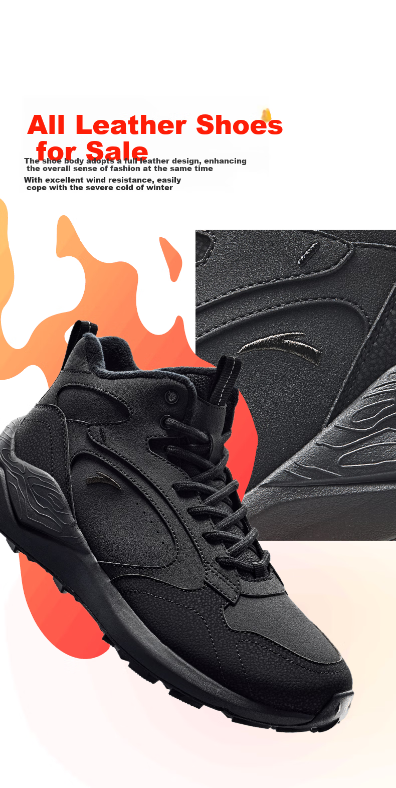 ANTA Cotton Shoes, Casual Shoes for Men, Winter Leather Upper, Fleece-Lined, Thickened, Warm, Platform Heels, Durable Sneakers 10