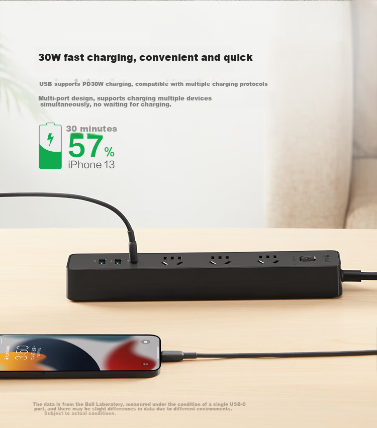 BULL 30000mAh PD Apple Fast Charging Power Strip/Extension Cord/Surge Protector/Desktop Charging Station, Type-C+USB+3 Outlets, Total Length 1.8 Meters, Black, GNV-UU4303H Master Control 1