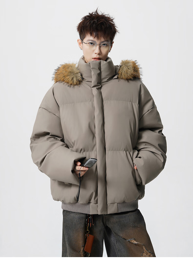 Colombass Trendy PU Leather Down Jacket Men Hooded Winter New Short Thickened Couple Loose Fur Collar Coat 10