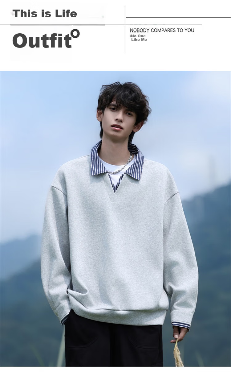 Homlean Men's Two-Piece Style Lapel Sweatshirt Autumn Winter American Trendy Loose Casual Top HP02 Navy Blue 2XL 9