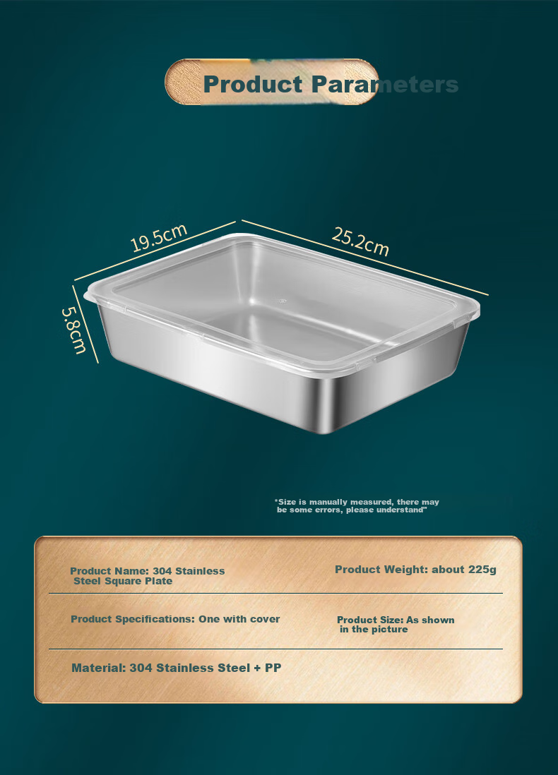 BJ 304 Extra Thick Stainless Steel Rectangular Tray, Serving Tray for Street Vendors, Cold Dish Plate, Barbecue Plate, Large Food Storage Container with Lid, 1 Piece 12