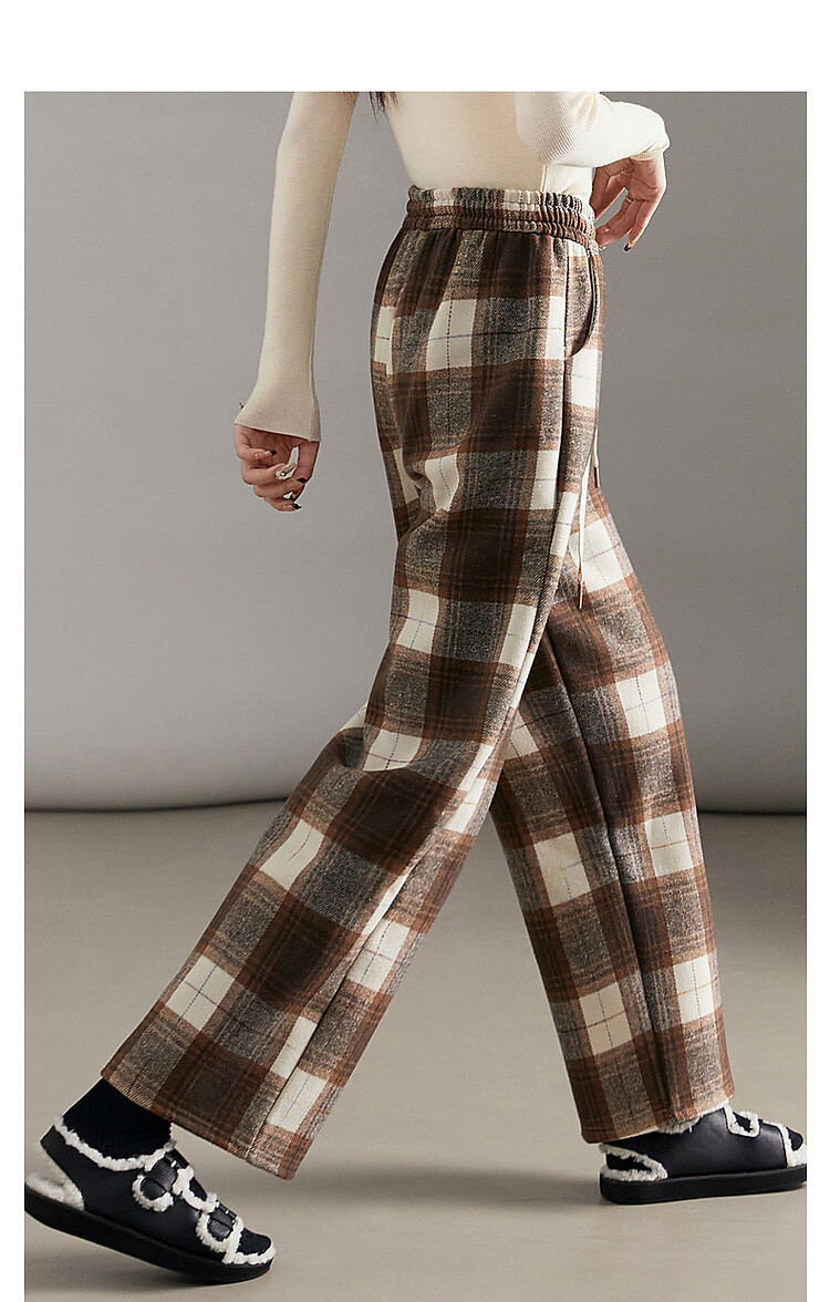 Demana [Fashion Plaid] Winter Little Chanel Style Elastic Waist Wide Leg Pants Fleece Lined Slightly Stretchy Casual Trousers for Women 4