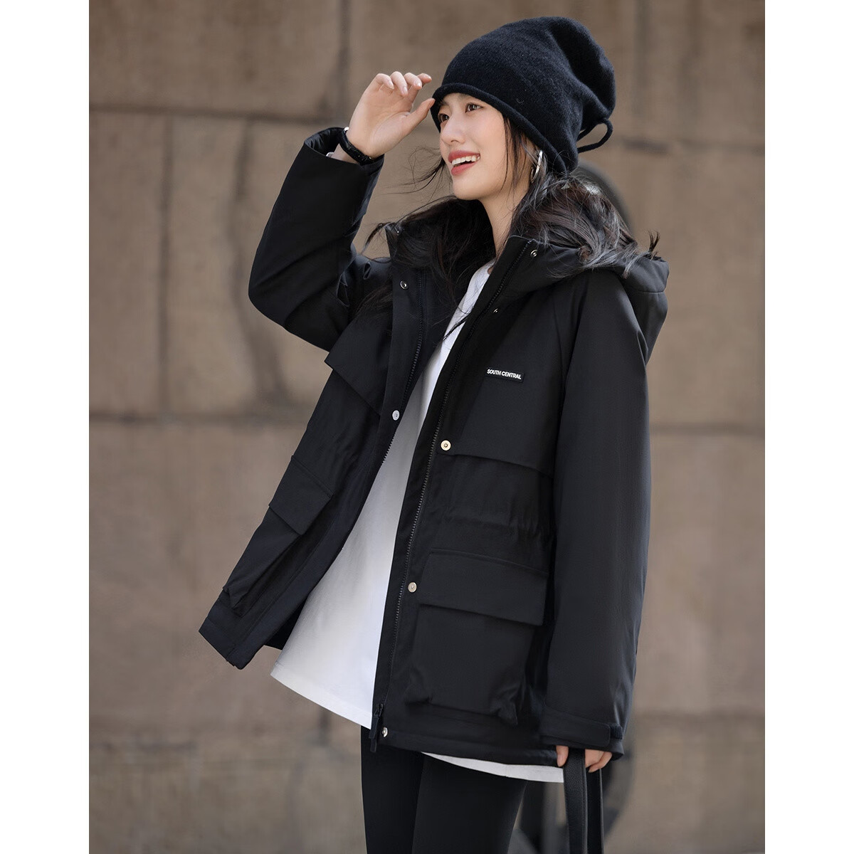 Dme [Triple Protection High-Tech] Winter Warmth 90% Goose Down, Small Jacquard Pattern, Nordic Cotton Hooded Velcro Women's down Jacket