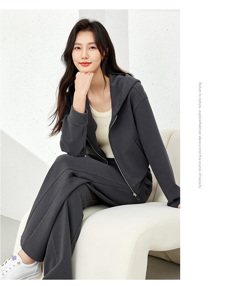 Fansiman Casual Hooded Sweatshirt Set for Women Autumn New Short Top and Long Pants Two-Piece Set Apricot M 14