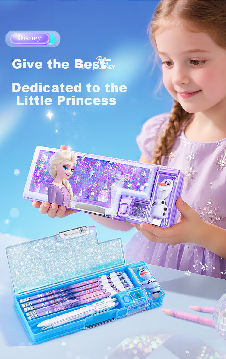 Disney Sand Art Pencil Case for Girls, Children And Elementary School Students, Multifunctional Plastic Pencil Box with Double Layers, School Supplies, Elsa Princess Graduation Gift 3