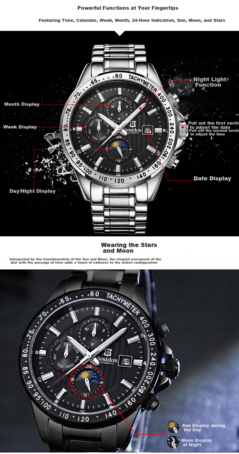 Bestdon Men's Mechanical Watch, Fashionable Trendy Wristwatch Gift Box for Me 7