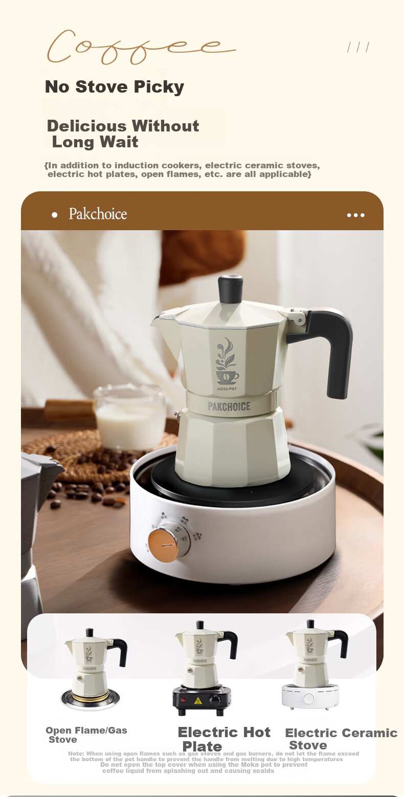TEOTM Moka Pot with Dual Valves, Home Italian-Style Dual-Valve Moka Pot, Small Electric Ceramic Stove Pour-Over Coffee Maker Set 8
