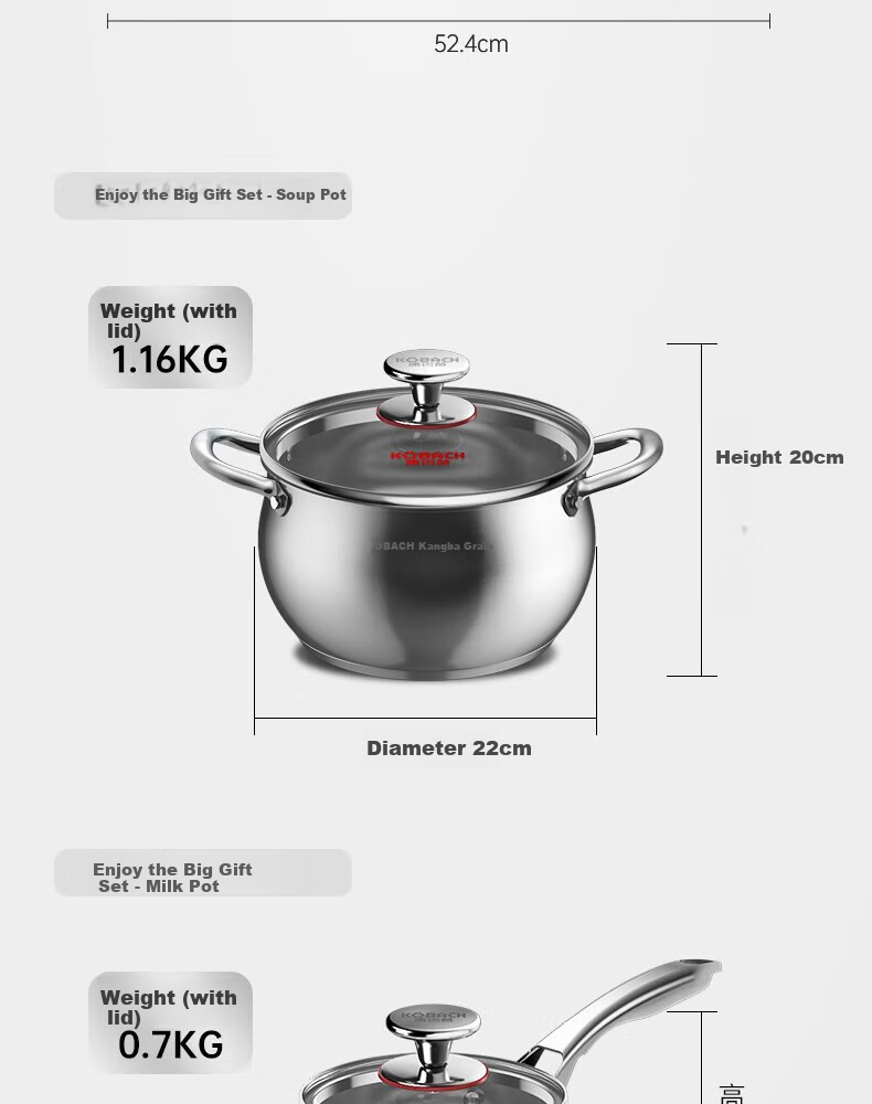 Kobach Cookware Set Stainless Steel Non-Stick Wok Three-Piece Set Including Soup Pot, Milk Pot, And Stir-Fry Pan Combination Set for Home Use 14