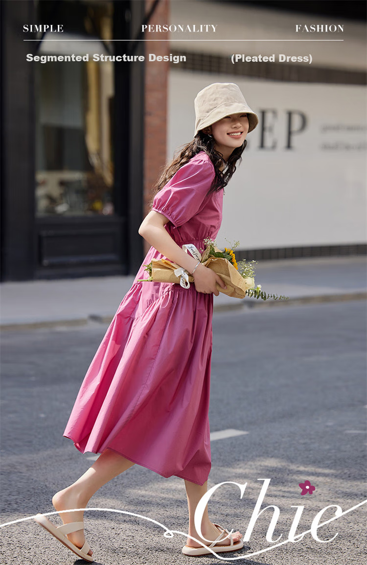 Dme [Puff Sleeve Ruched Dress] Summer Dopamine Sweet Style Round Neck Dress 4