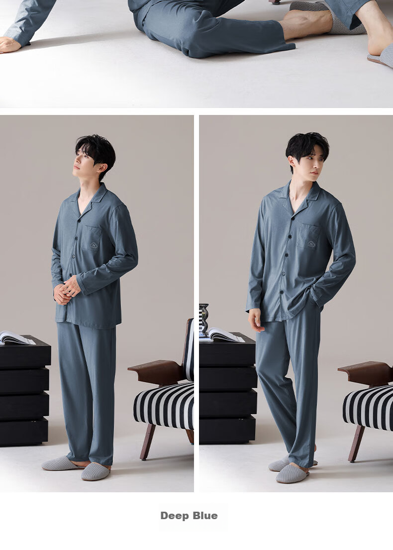 Ziyouxi Men's Pajamas Spring And Summer Pure Cotton Comfortable Home Wear Set, Wearable Outside, Turn-Down Collar, Simple Casual Cardigan Long Style 21
