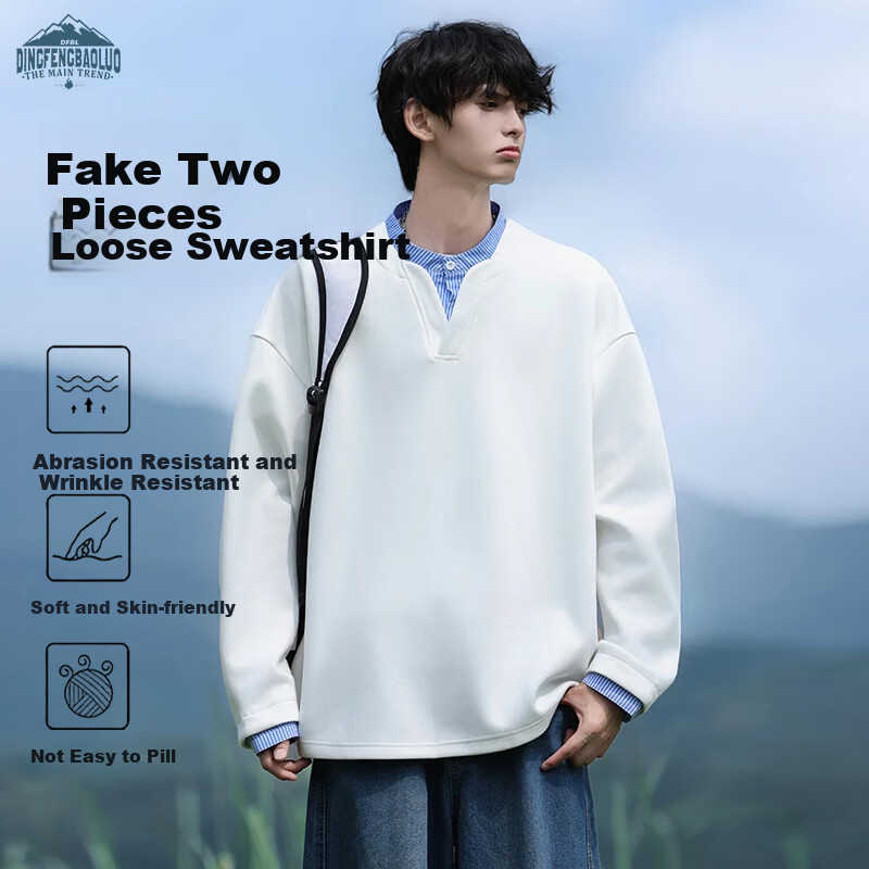 Dingfengbaoluo Men's Sweatshirt, Spring American Casual Style, Faux Two-Piece Loose Fit, Retro Shirt Collar Top, DP02 Aurora White, Size M