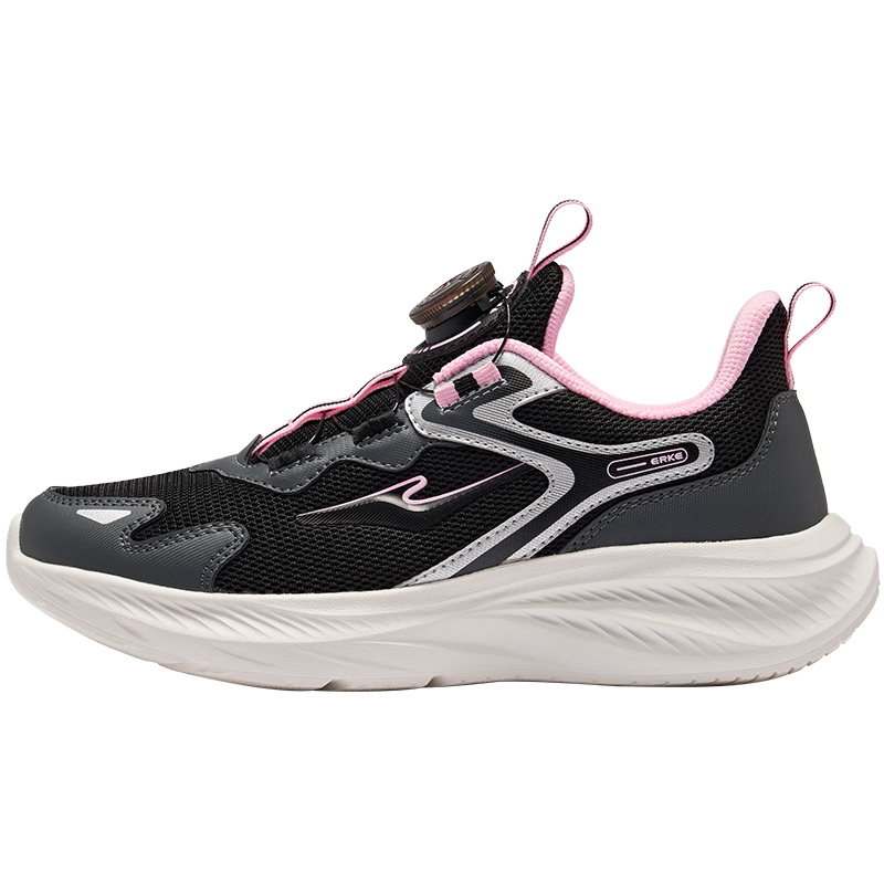 ERKE Kids Sports Shoes Boys and Girls Large and Small Children's Knob Buckle Mesh Running Shoes Black/Carbon Gray/Bright Silver Size 38