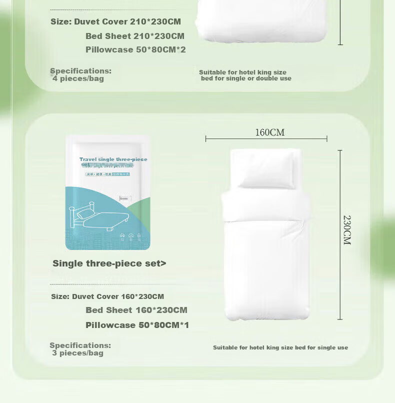 JAJALIN Disposable Three-Piece Set: Train Sleeper Three-Piece Set with Duvet Cover, Pillowcase, Bedding, Travel Essentials, Hotel Single Sleeping Bag 10